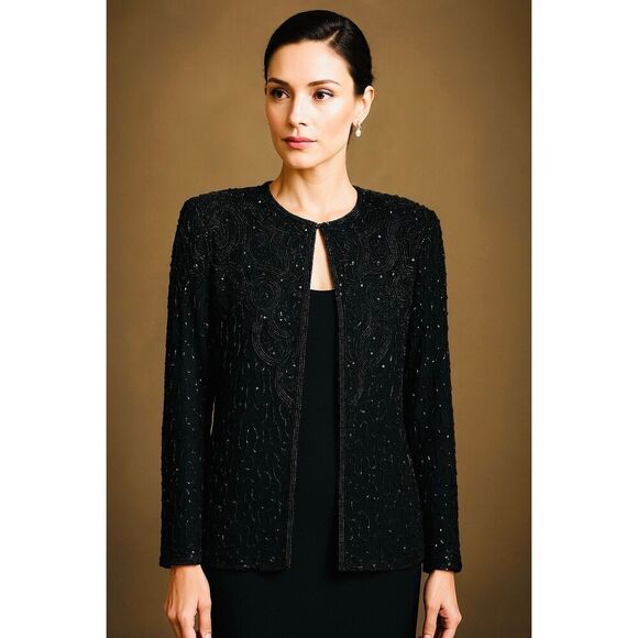 Adrianna Papell Evening Silk Beaded Sequin Evening Jacket Cardigan, Vintage SZ ( - Picture 1 of 9